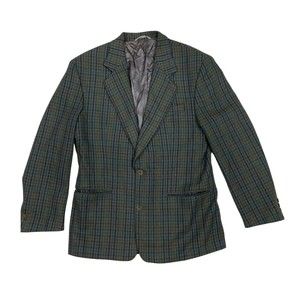 Berloni Blazer Jacket 40R US 52 EUR Wool Blend Plaid Green Blue Brown Vintage